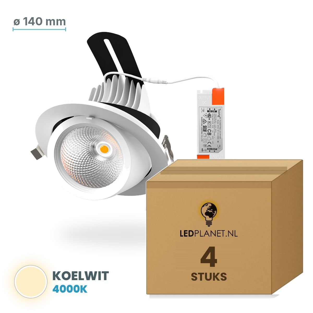Set van 4 stuks LED inbouwspot kantelbaar - Koelwit 4000K - Ø140 mm - in LEDPLANET doos
