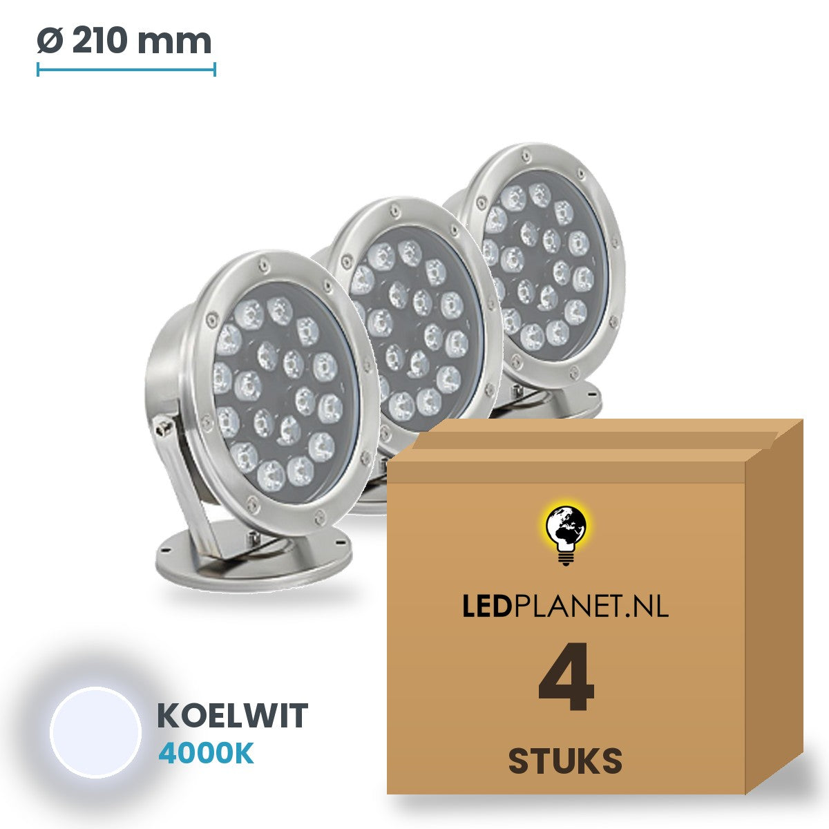Doos met 4 stuks LED onderwaterlamp 24W, lichtkleur koelwit 4000K