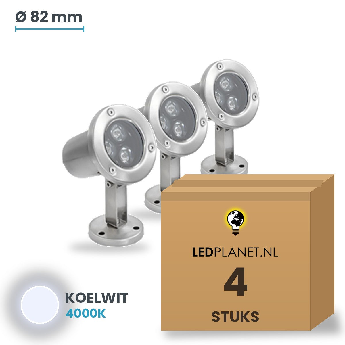Doos met 4 stuks LED onderwaterlamp 3W, lichtkleur koelwit 4000K