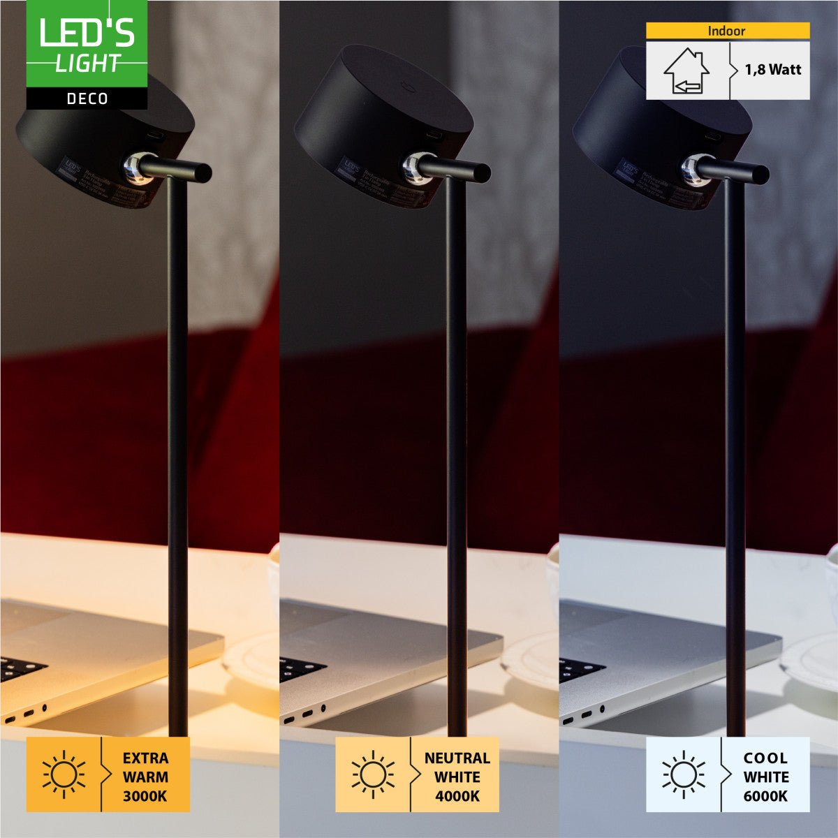 LED Oplaadbare Tafellamp 240 Lumen - Warmwit 3000K Koelwit 4000K Daglichtwit 6000K - Dimbaar - USB-C - 3-in-1 - Zwart