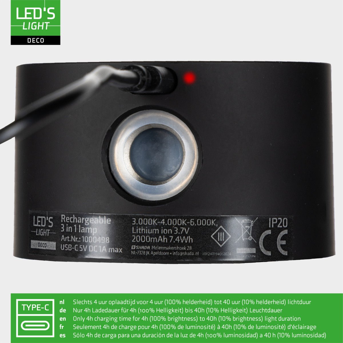 LED Oplaadbare Tafellamp 240 Lumen - Warmwit 3000K Koelwit 4000K Daglichtwit 6000K - Dimbaar - USB-C - 3-in-1 - Zwart