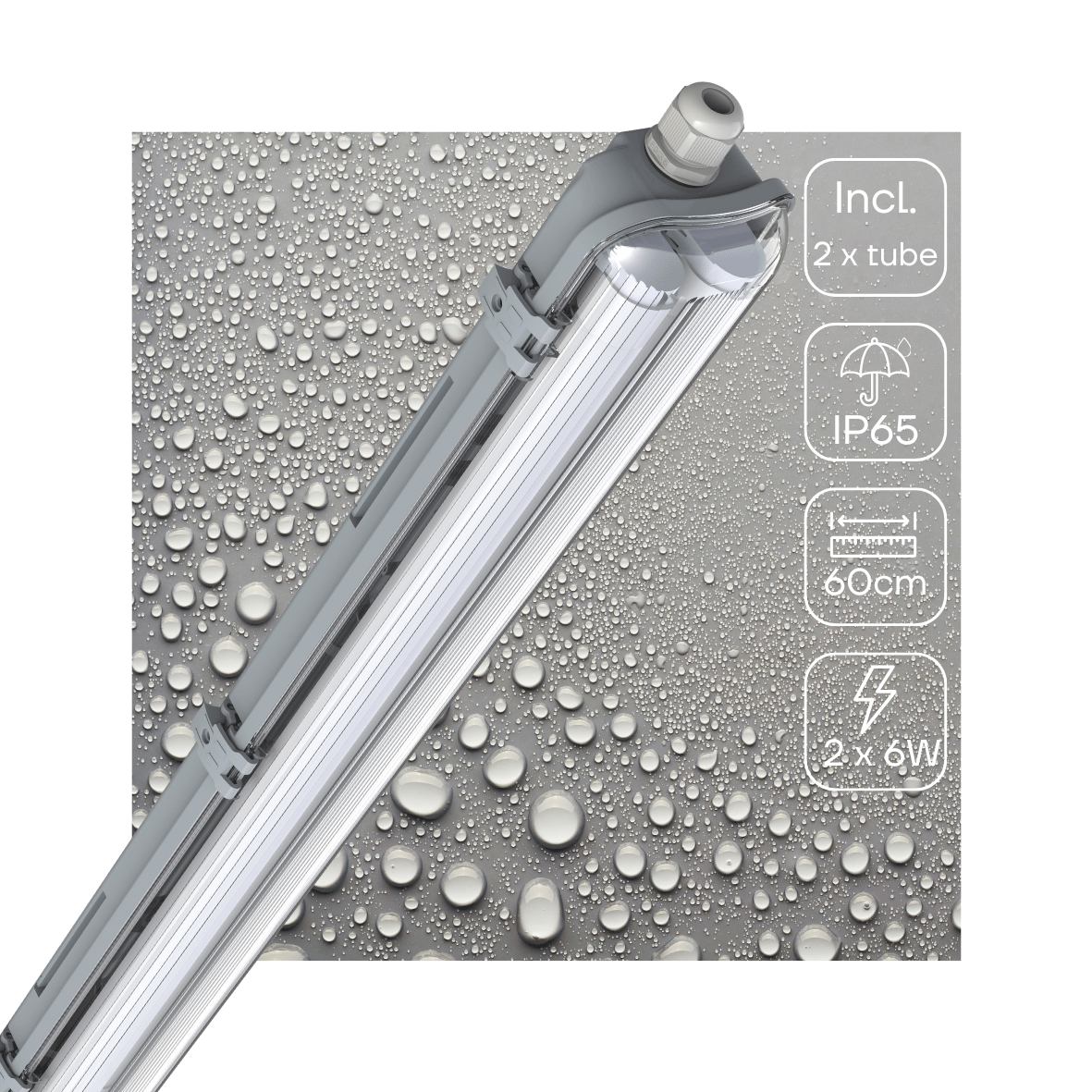 Luminaire LED étanche à l'humidité 60cm double - 2220 lumen - 12W - Blanc froid 4000K - IP65 - IK08 - 2 tubes LED inclus