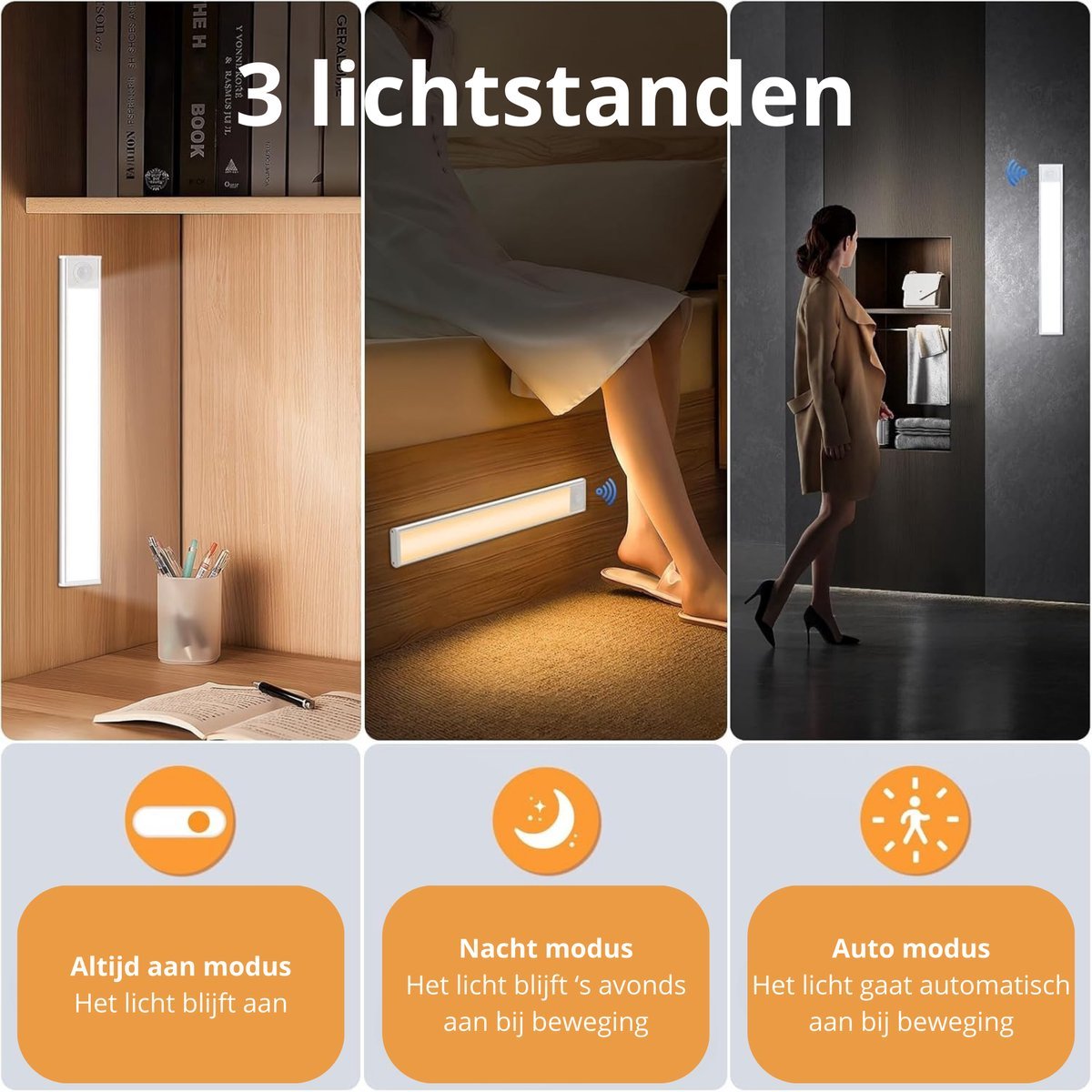 LED kastverlichting met sensor 80cm - 3 lichtkleurmodi (warmwit 3000K/koelwit 4000K/daglichtwit 6500K) - dimbaar - oplaadbaar - draadloos - zwaai- en bewegingssensor - USB-C