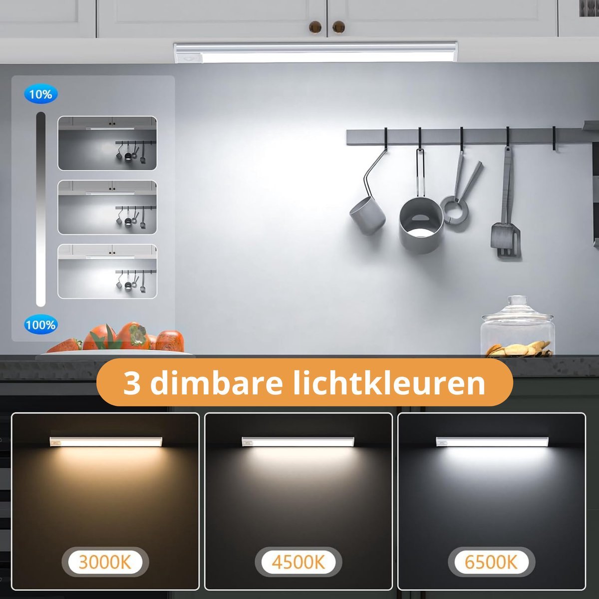 LED kastverlichting met sensor 80cm - 3 lichtkleurmodi (warmwit 3000K/koelwit 4000K/daglichtwit 6500K) - dimbaar - oplaadbaar - draadloos - zwaai- en bewegingssensor - USB-C