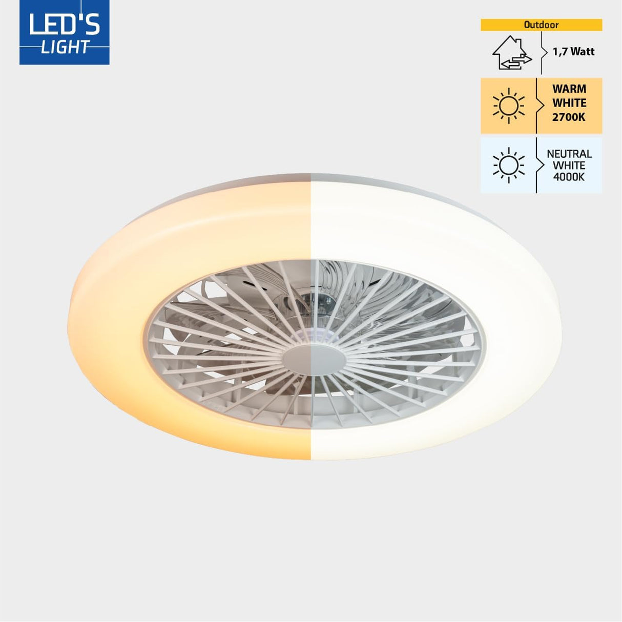 LED plafondventilator 3400 lumen - 55W - instelbaar 2000K-4000K - afstandsbediening - 48cm - wit