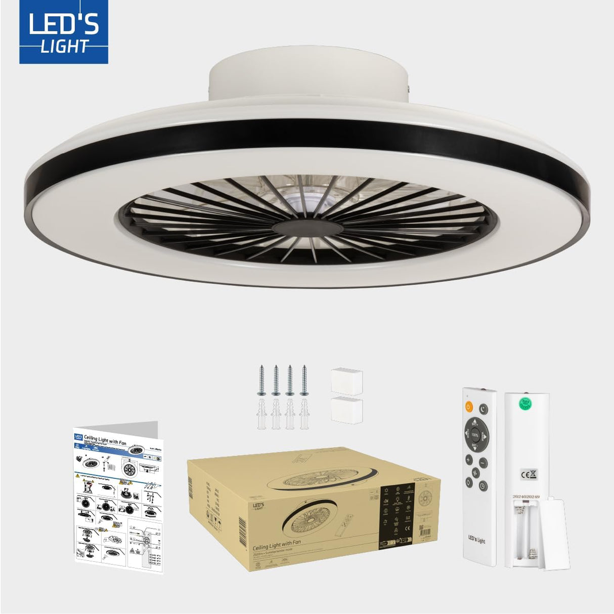 LED plafondventilator met verlichting 2500 lumen - 55W - instelbaar 2000K-4000K - afstandsbediening - 50cm - zwart/wit