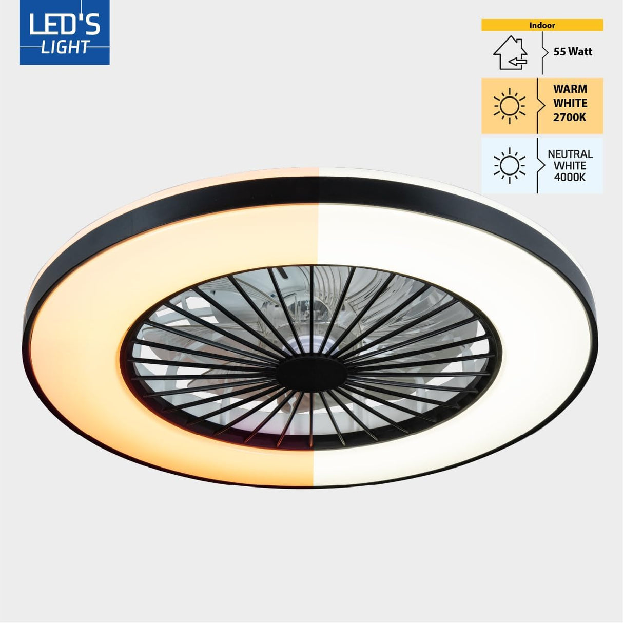 LED plafondventilator met verlichting 2500 lumen - 55W - instelbaar 2000K-4000K - afstandsbediening - 50cm - zwart/wit