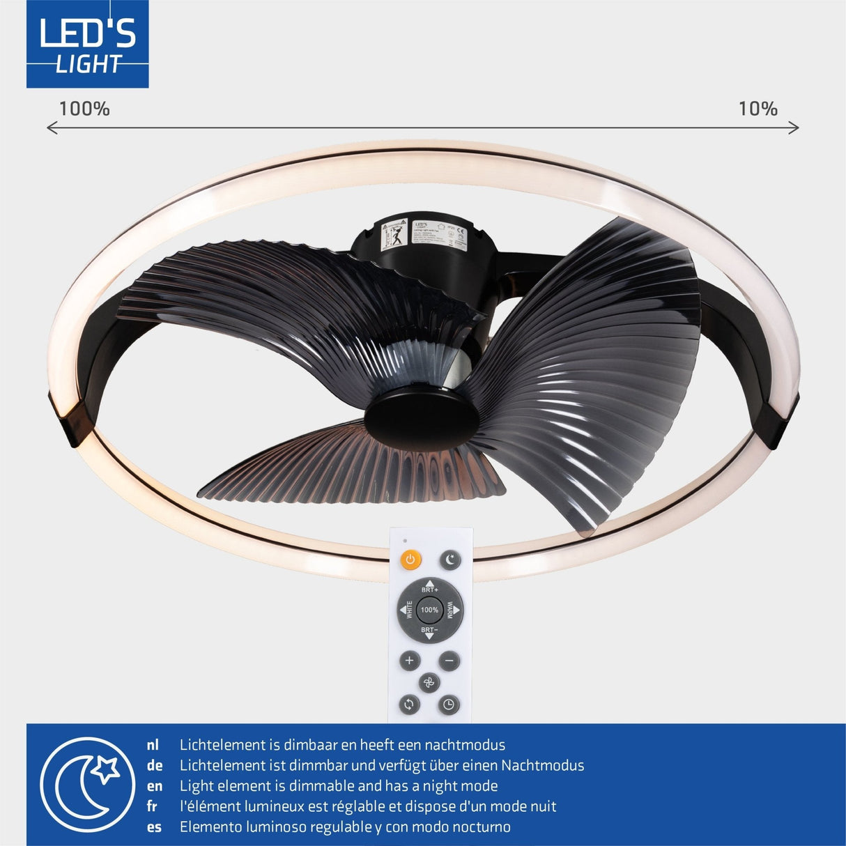LED plafondventilator XL 4300 lumen - 40W - extra warmwit 2000K / koelwit 4000K - afstandsbediening - 74cm - zwart
