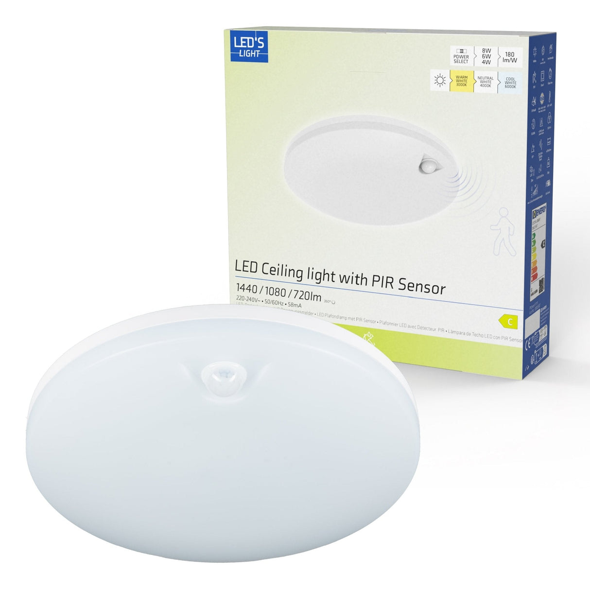LED Plafondlamp 1440 lumen - 8W - Bewegingssensor - 3 Kleuren - Dimbaar - IP54 - 25cm