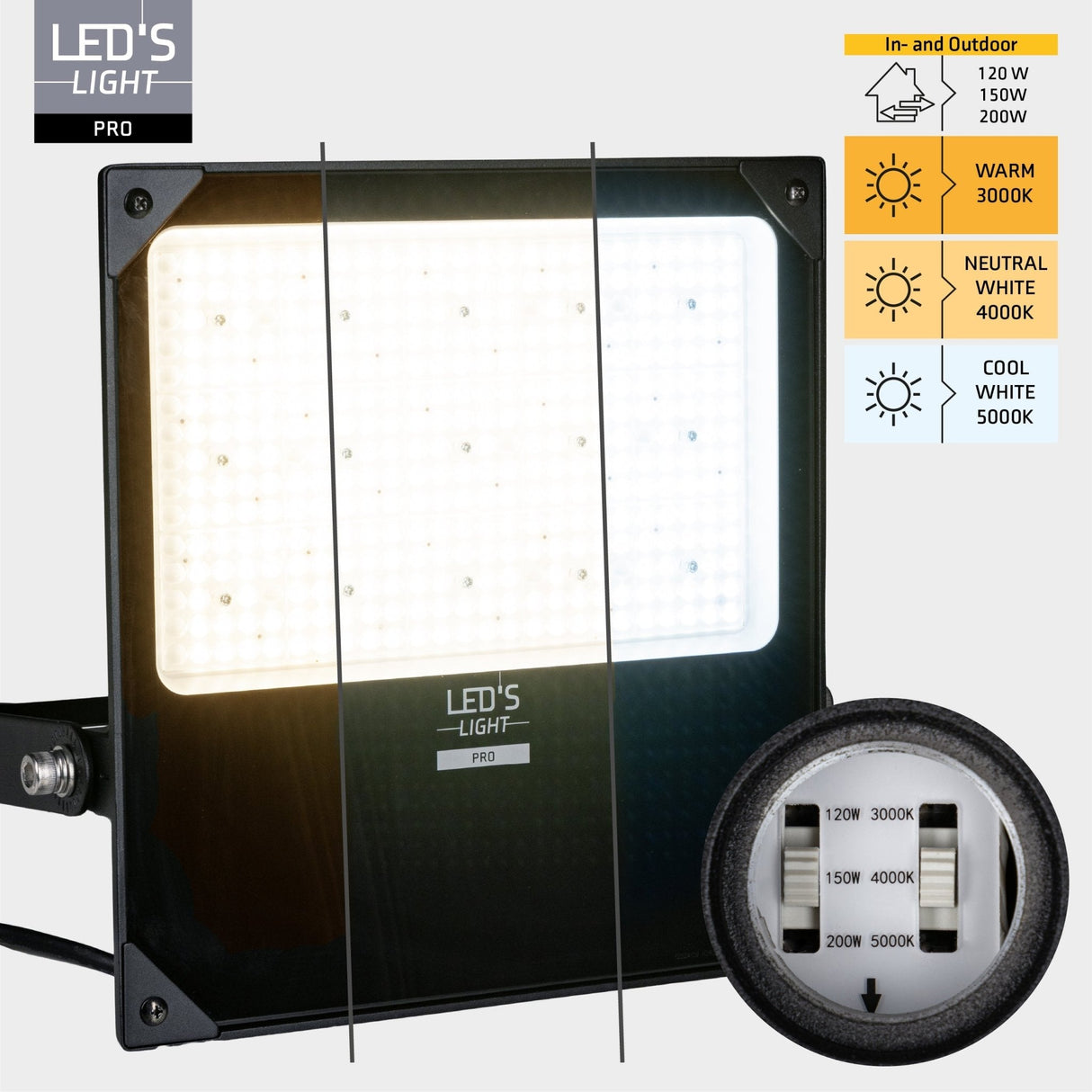 LED Schijnwerper 26500 lumen - 200W - Verstelbaar 3000K-4000K-5000K - Powerselector 120W-150W-200W - IP66 Waterdicht - IK08 Slagvast - Asymmetrisch