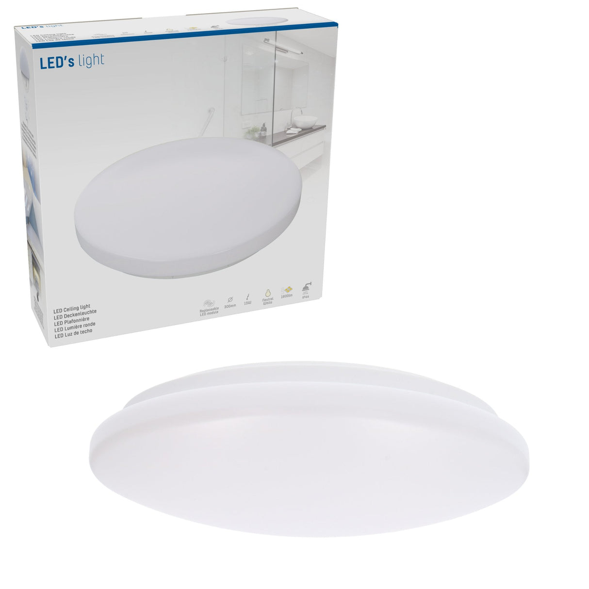 LED Plafondlamp Badkamer - 1600 Lumen - 15W - Koelwit 4000K - IP44 Spatwaterdicht - 30 cm - Wit