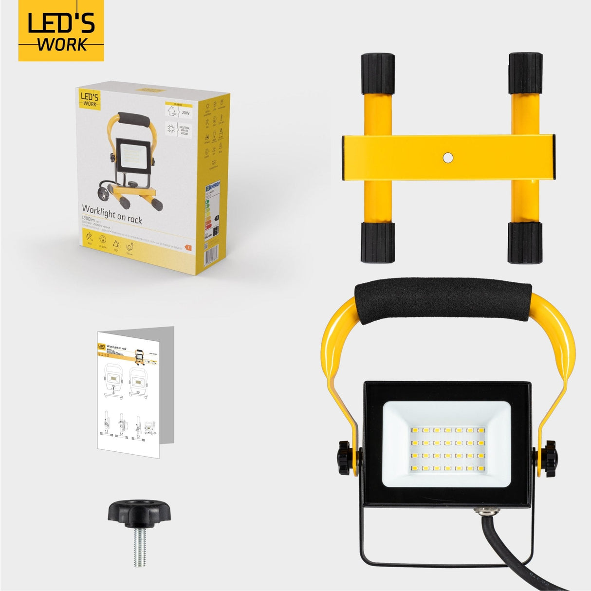 Lampe de travail LED 1800 lumens – 20 W – Blanc froid 4000 K – Étanche IP65 – Support réglable – Avec fiche