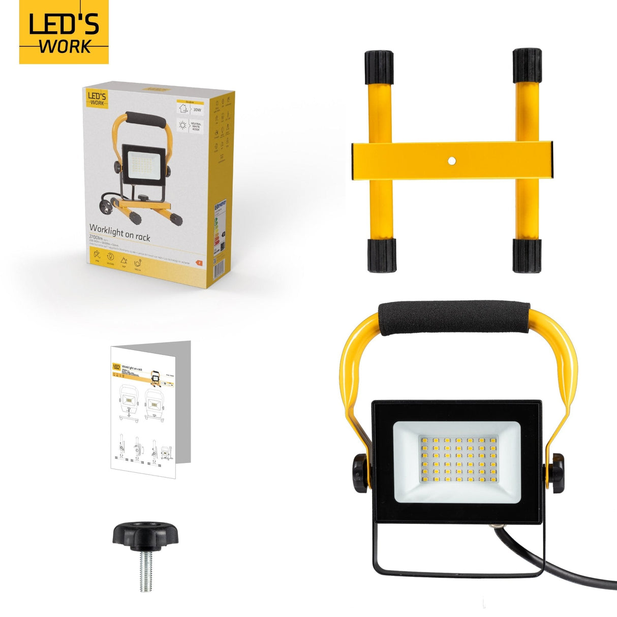 LED 30W Bouwlamp 3100 - Verstelbare beugel - Waterdicht (IP65) - Zwart geel - koelwit 4000K