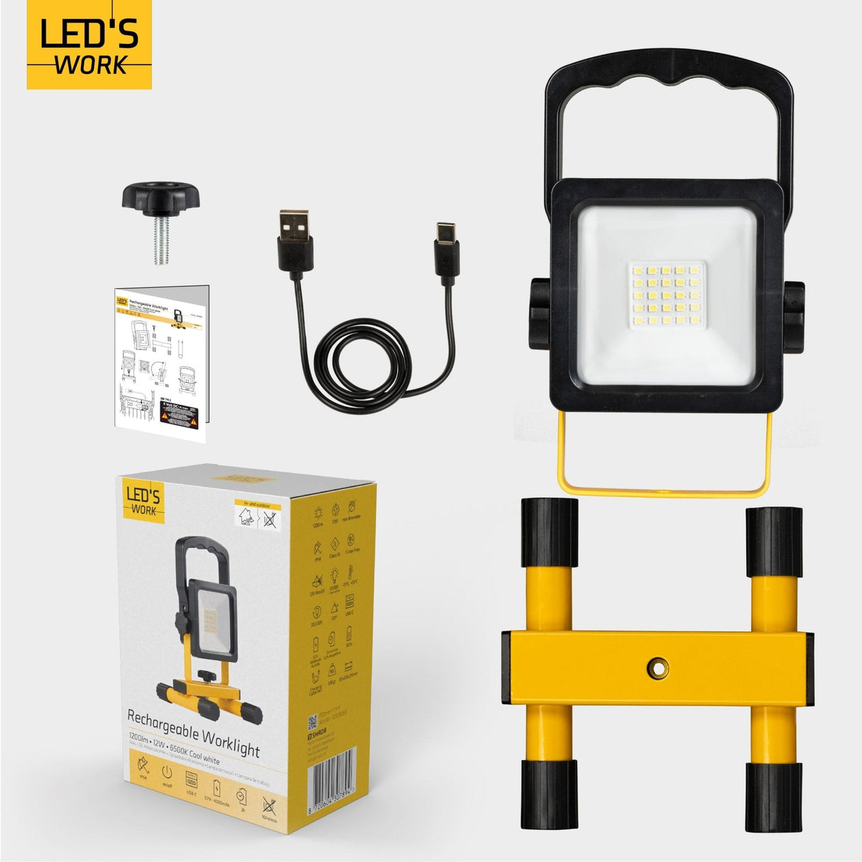 LED's Work draadloze LED Bouwlamp op accu 1200 - Oplaadbaar (USB-C) en kantelbaar - Zwart geel