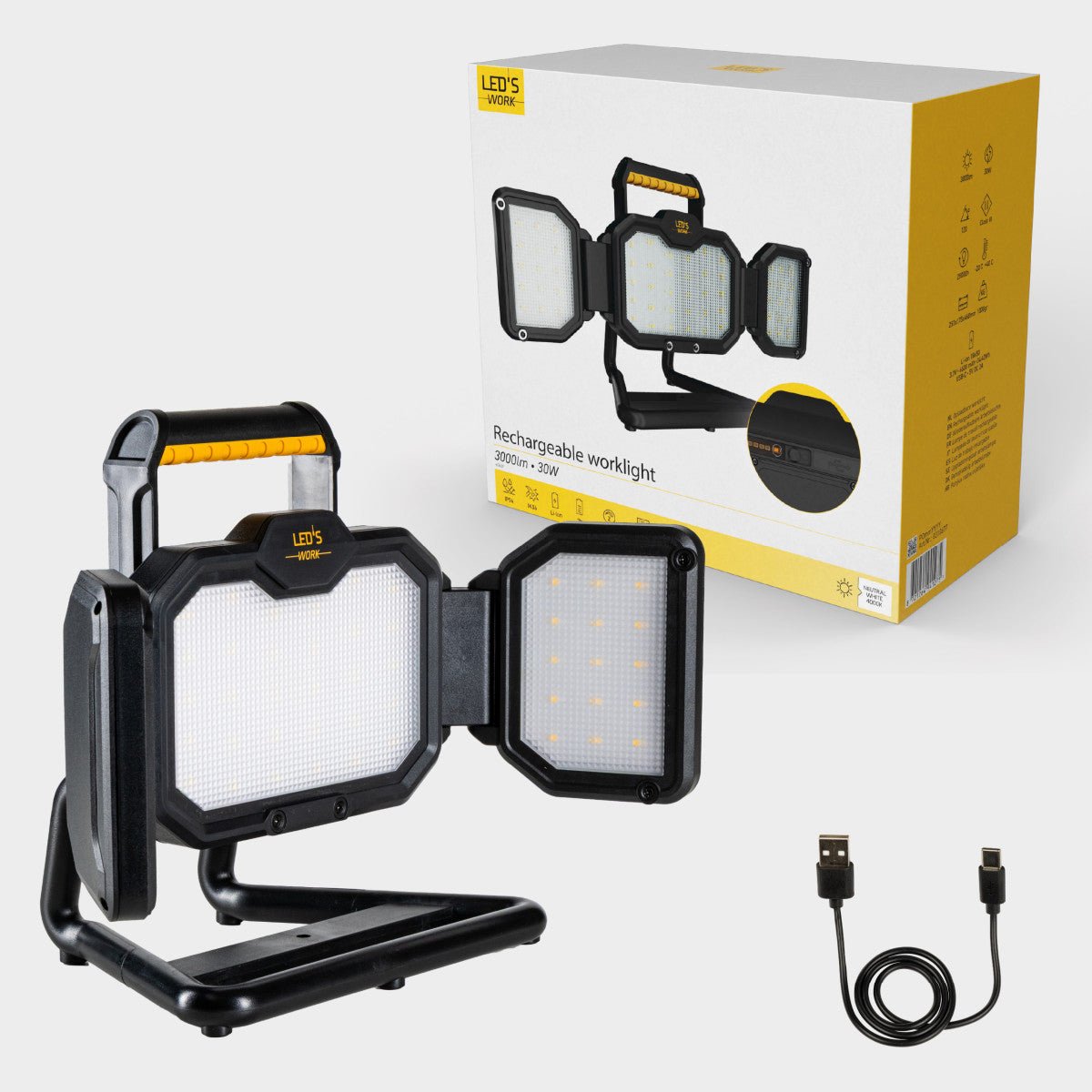 LED Bouwlamp Oplaadbaar (USB-C) -30 Watt - 3000 Lumen - Dimbaar - Koelwit 4000K - IP54 IK06 - Op Accu