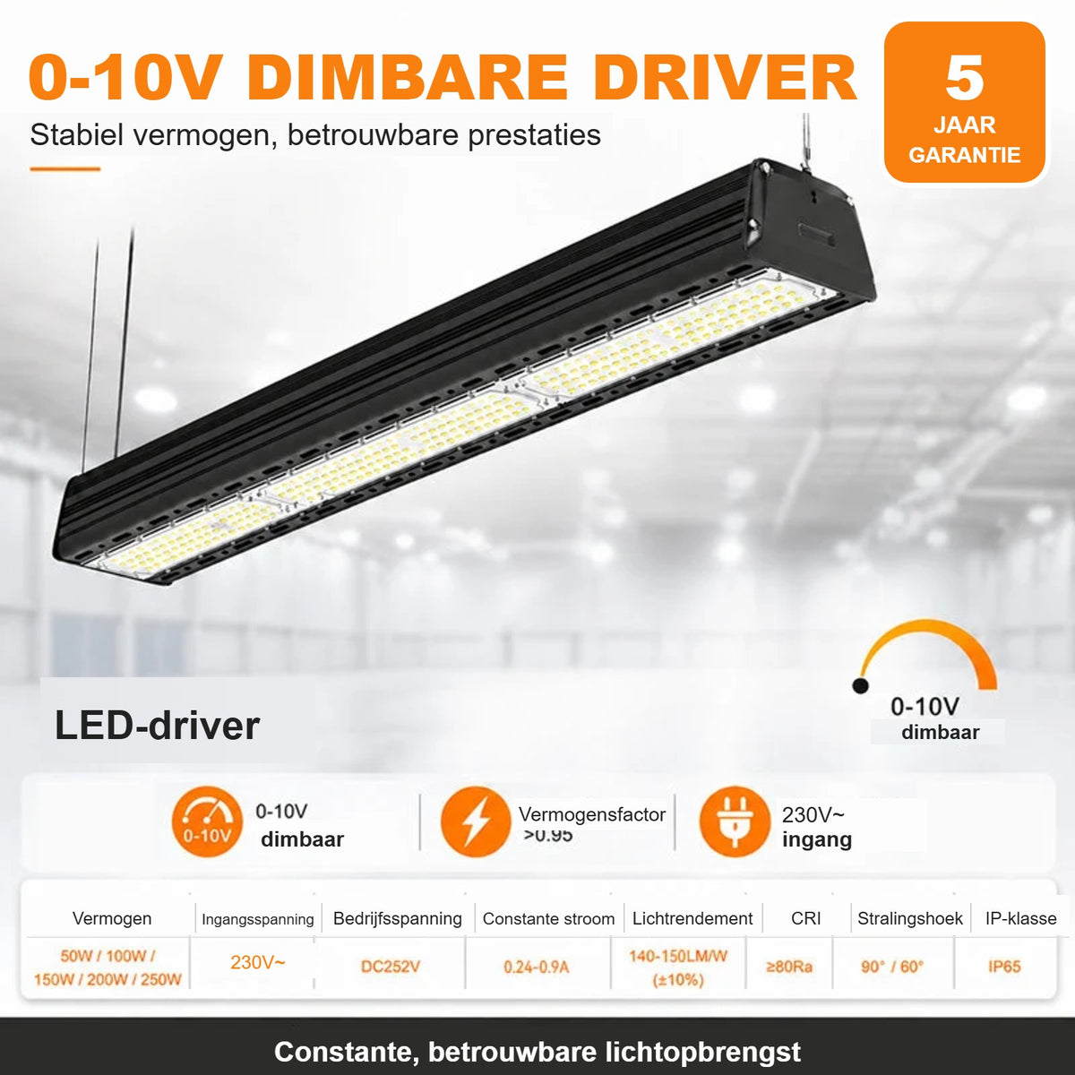 Lineaire high bay met 0-10V dimbare driver, specificaties