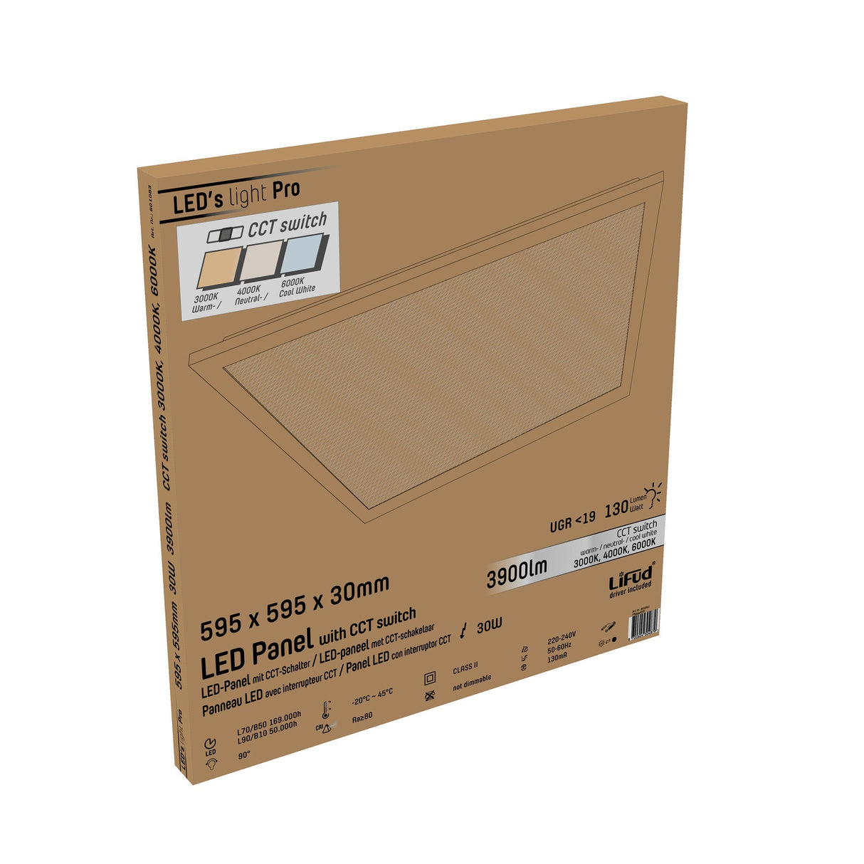 Panneau LED 60 x 60 cm - 3900 lumens - 30W - CCT variable 3000K/4000K/6000K - 130 lm/W