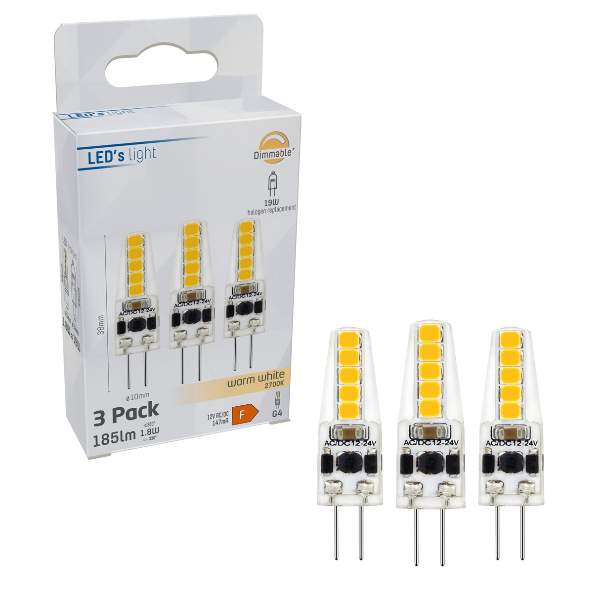 LED Capsule G4 185 lumen - 1,8W - Warmwit 2700K - 12V - Dimbaar - IP20 - 3 stuks
