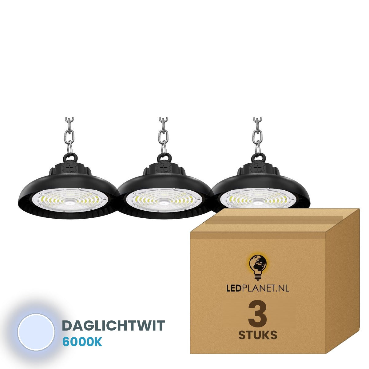 Doos met 3 stuks UFO LED high bay 100W, lichtkleur daglichtwit 6000K