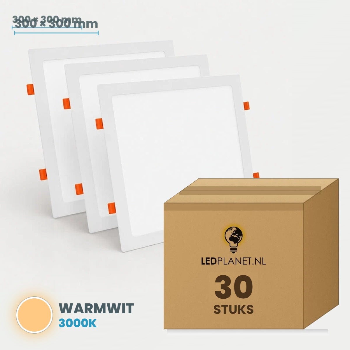 Set van 30 stuks LED Downlight Vierkant 300x300mm - Warmwit 3000K - in LEDPLANET doos