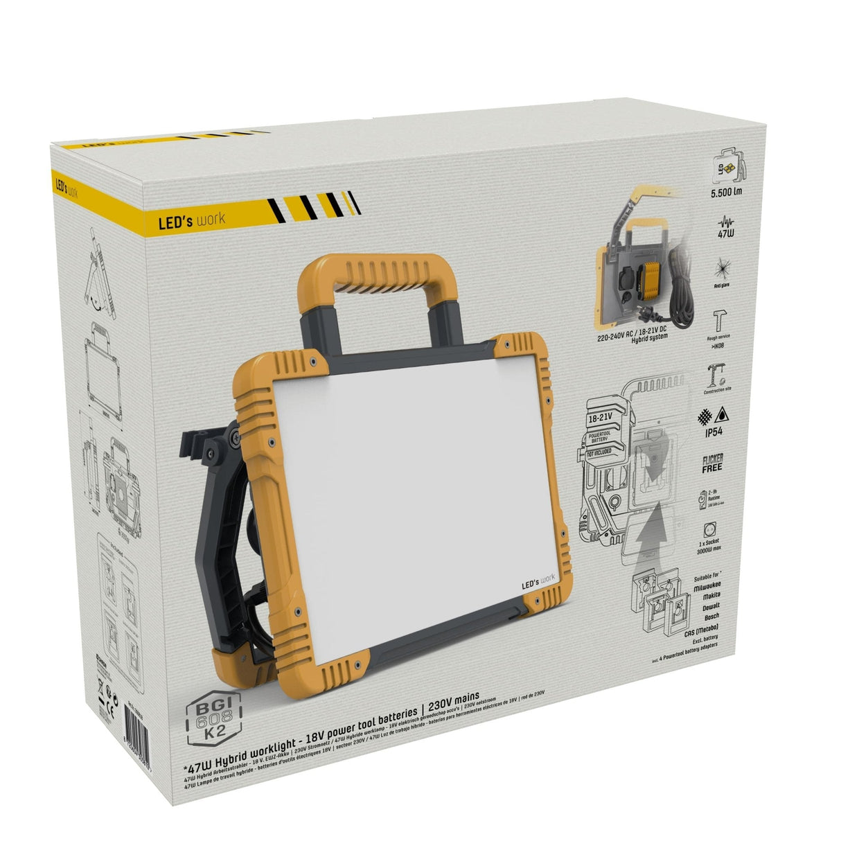 Hybride LED Bouwlamp - 5500 Lumen - 18V Accu + 230V - Dimbaar - IP54 IK08 - Inclusief Adapters - 47W