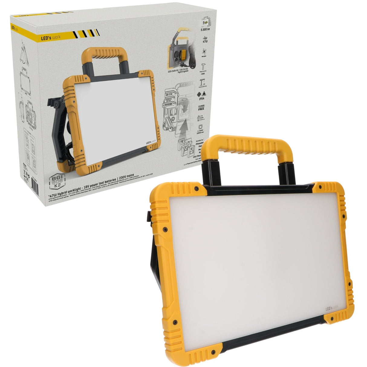 Hybride LED Bouwlamp - 5500 Lumen - 18V Accu + 230V - Dimbaar - IP54 IK08 - Inclusief Adapters - 47W