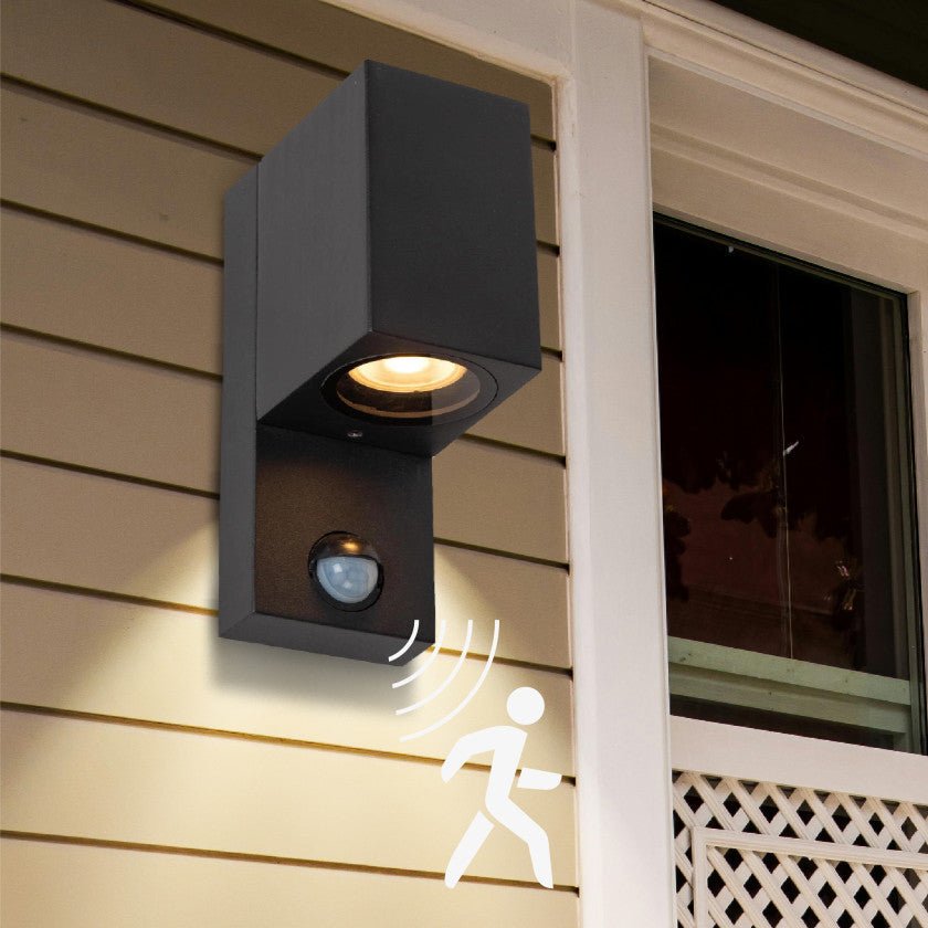 Applique murale LED avec capteur GU10 - Aluminium noir - IP44 - Capteur de mouvement - Éclairage vers le bas