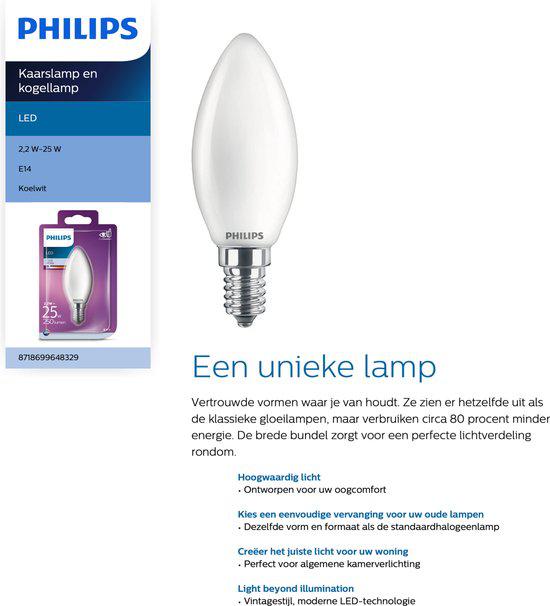 LED Kaarslamp E14 - 2.2W - 4000K - Filament Mat Glas - Philips