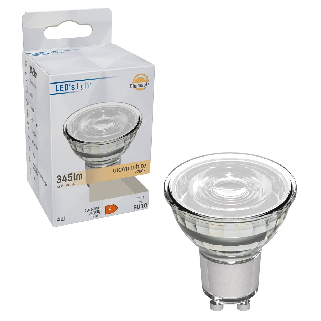 LED Spot - GU10 - Warmwit 2700K - 36° - LED 4W=50W halogeenlicht - 230V
