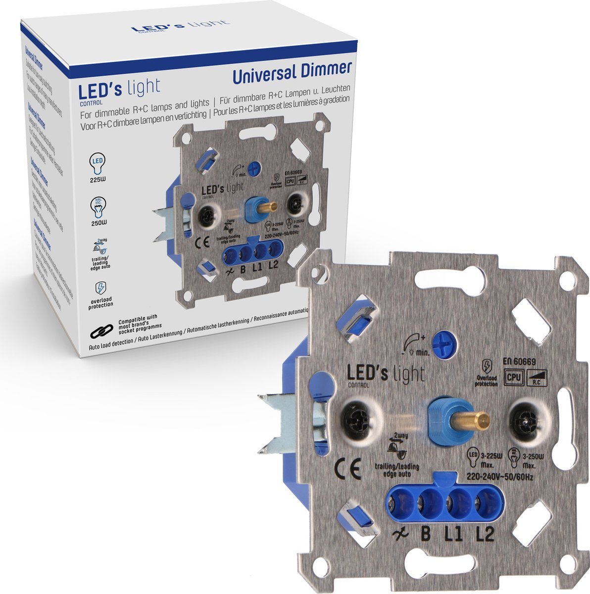 LED Dimmer Universeel Zwart - 3-250W - Fase Aansnijding en Afsnijding - Compleet met Afdekraam