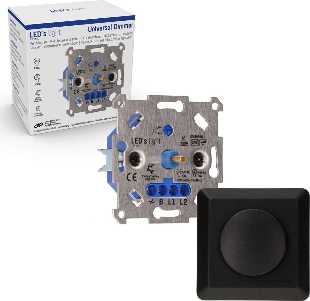 LED Dimmer Universeel Zwart - 3-250W - Fase Aansnijding en Afsnijding - Compleet met Afdekraam