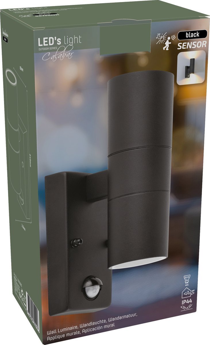 LED Wandarmatuur met Sensor 2x GU10 - IP44 - Zwart - Up & Down