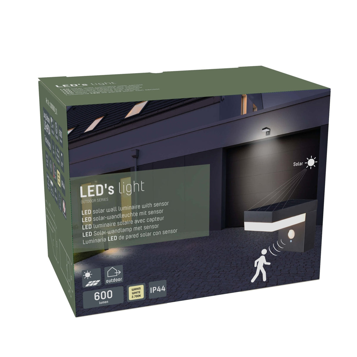 LED Solar Wandlamp 600 lumen - Warmwit 2700K - Bewegingssensor - IP44 - RVS - Vierkant - Zwart