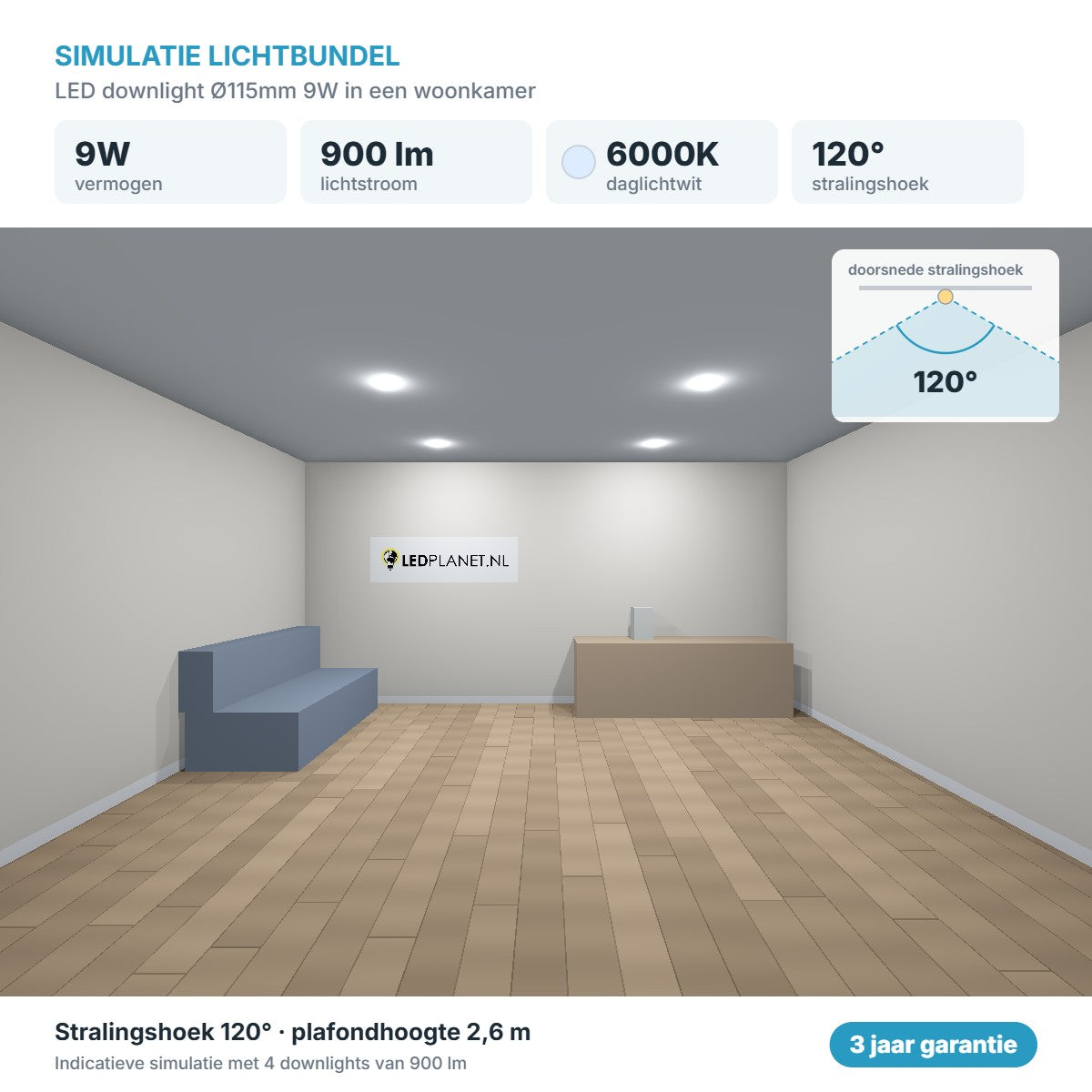 Simulatie lichtbundel LED downlight Ø115mm 9W 900 lm daglichtwit 6000K 120°