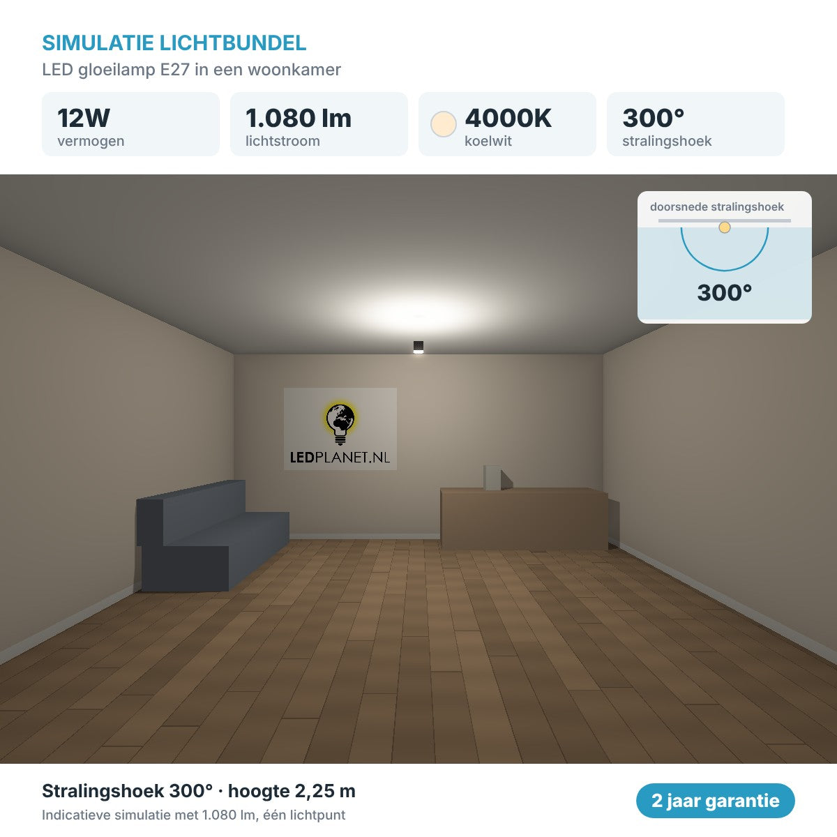 Simulatie lichtbundel LED gloeilamp E27 12W 1.080 lm koelwit 4000K 300° in een woonkamer