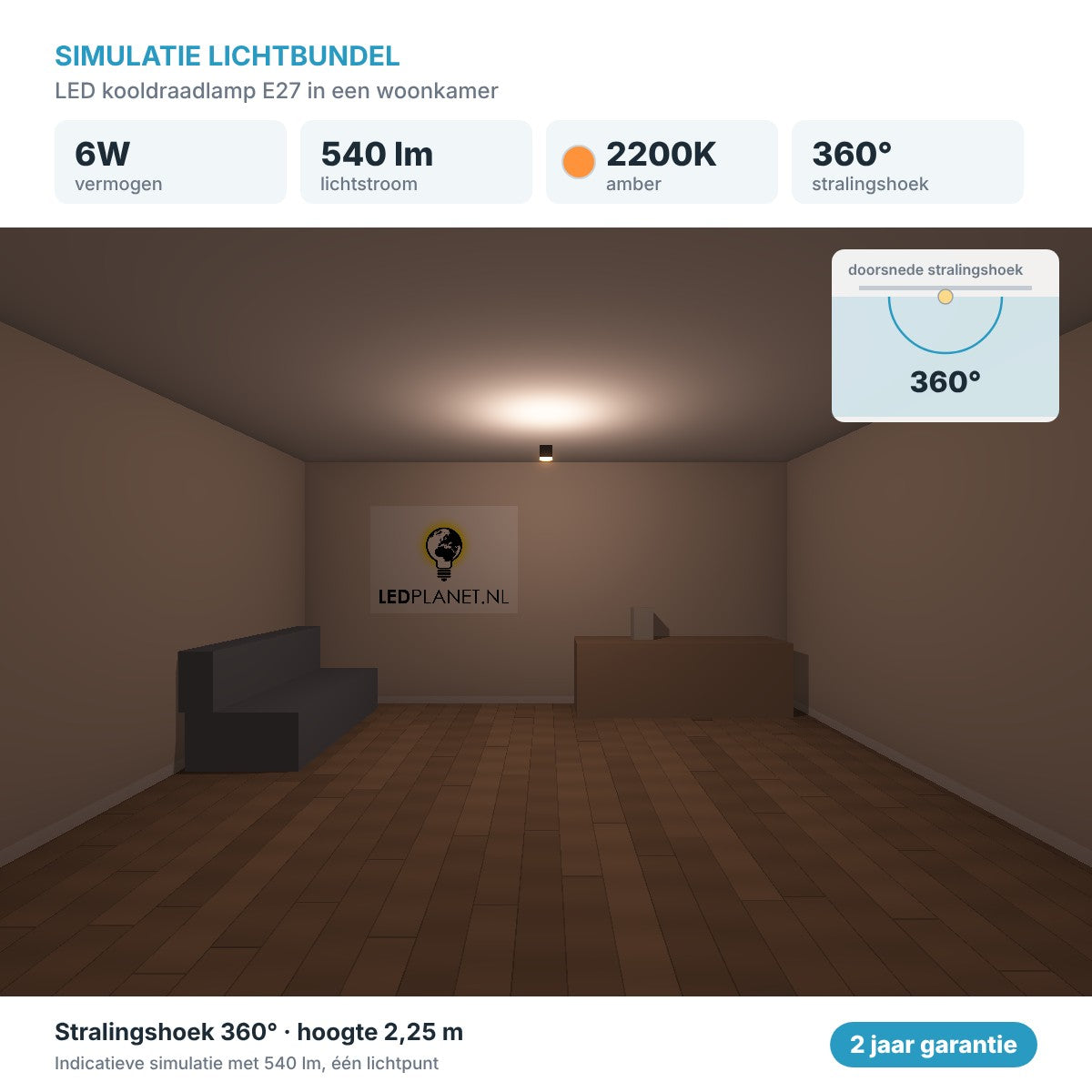 Simulatie lichtbundel LED kooldraadlamp E27 6W 540 lm amber 2200K 360° in een woonkamer