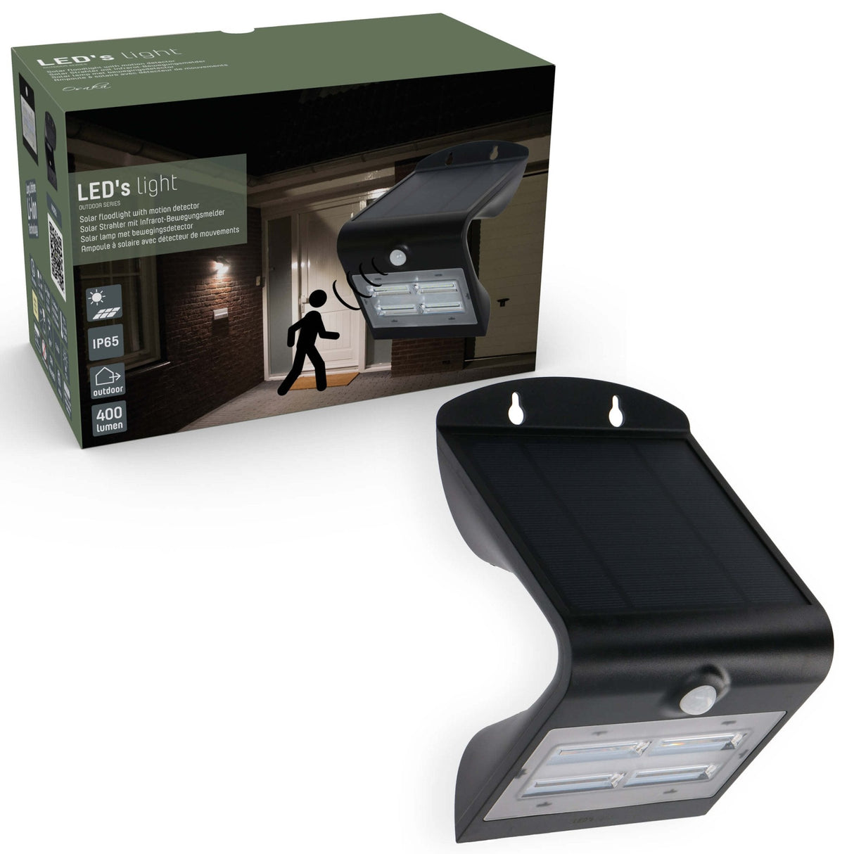 Solar LED Buitenlamp met Bewegingssensor 400 - 3 lichtstanden - Automatisch aan/uit - Zwart