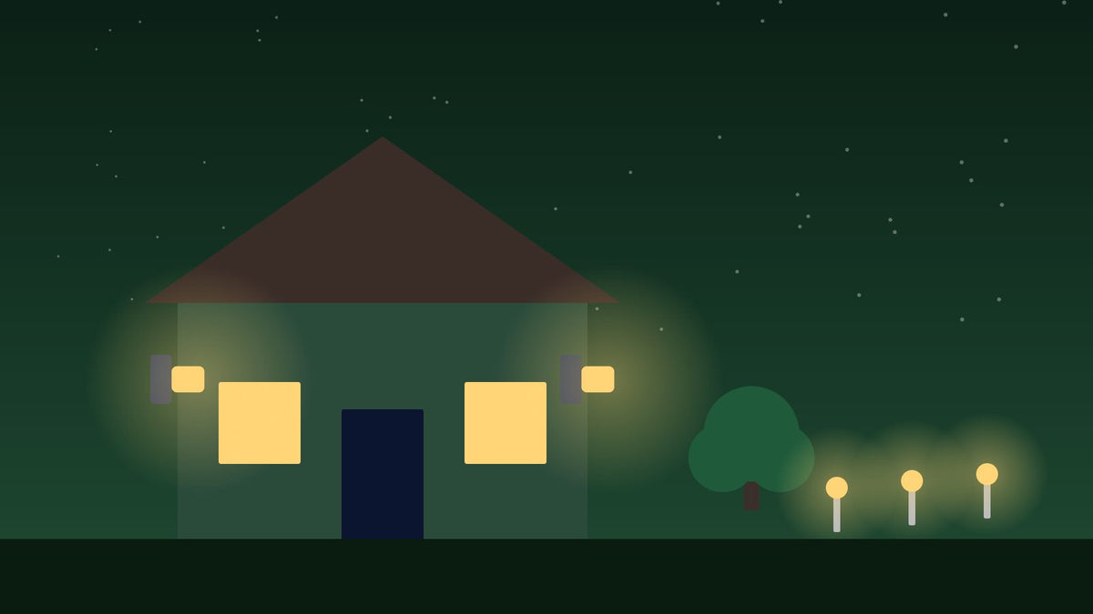 Huis met LED-wandlampen en tuinverlichting in de avond