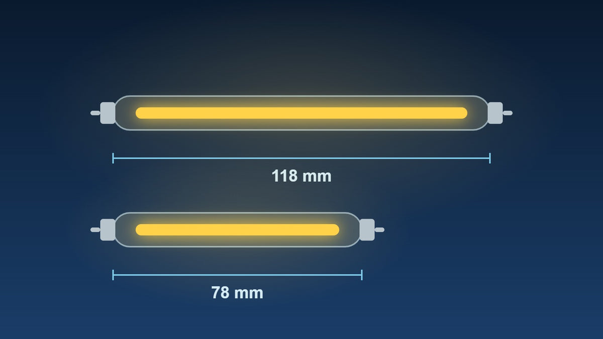 Twee R7s LED staaflampen van 118 mm en 78 mm lang met maatlijnen