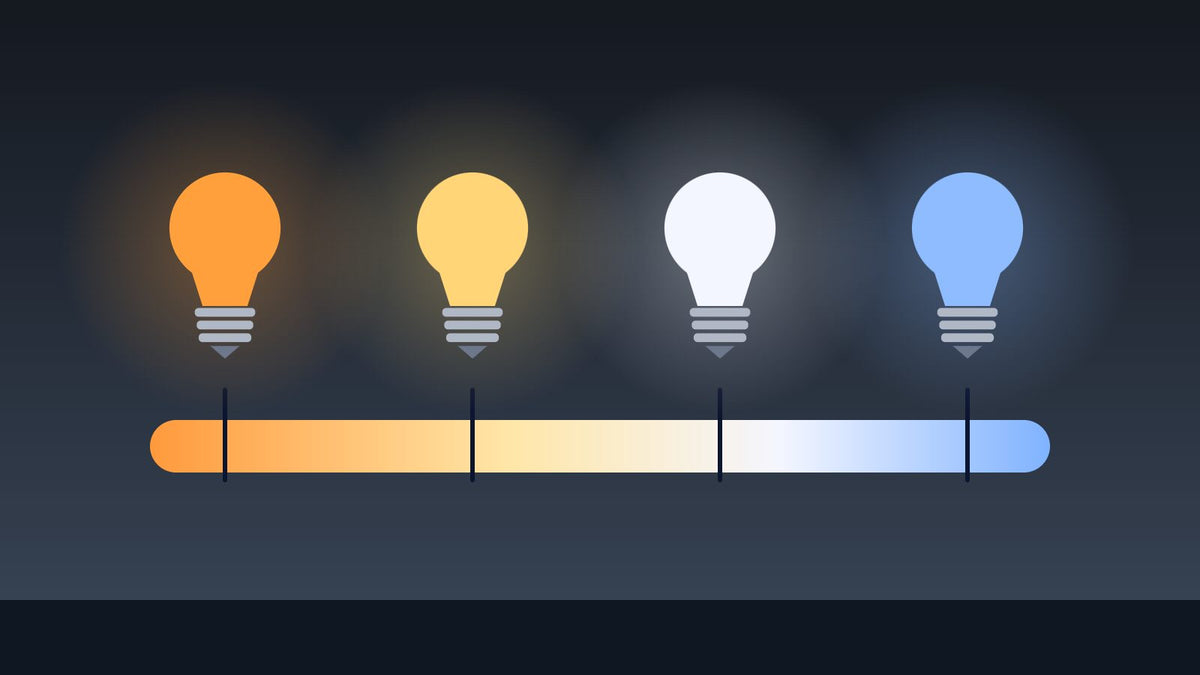 Lampen van warmwit tot daglichtwit boven een kleurenschaal