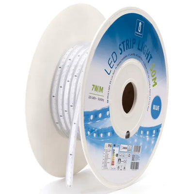 Lichtslang blauw, 50 meter, 120 LEDs/meter, 7W/m, sproeidicht IP65, 230V AC