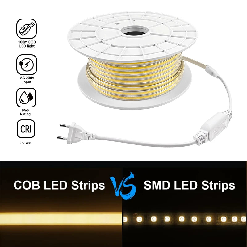 COB LED Lichtslang 230V - Koelwit 4000K - 10W/m - 1000lm/m - IP65 - Snijbaar - 50m rol