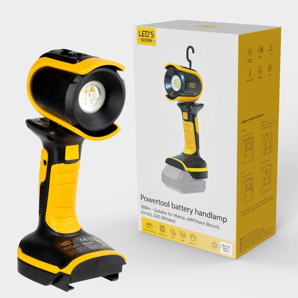 18V Accu Werklamp - 500 Lumen - Dimbaar - Koelwit 5000K - Inclusief Adapters - Voor Bosch, Makita, Einhell, Metabo