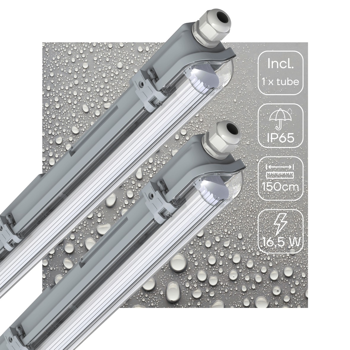 Réglette LED TL IP65, 3060 lumens – 16,5 W – Blanc froid 4000 K – 150 cm – Étanche – 2 pièces
