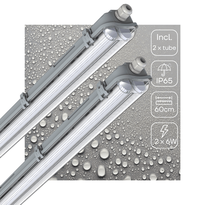 Réglette LED résistante à l’humidité double, 2220 lumens – 12 W – Blanc froid 4000 K – IP65 – 60 cm – Avec tubes remplaçables – 2 pièces