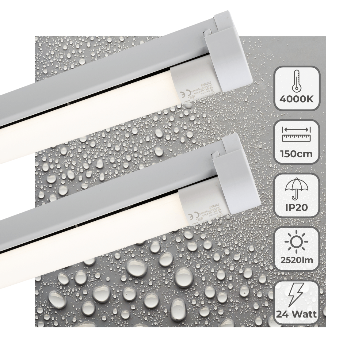 Réglette LED type tube fluorescent, 2520 lumens - 24 W - blanc froid - IP20 - 150 cm - tube LED inclus - 2 pièces