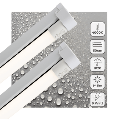 Luminaire LED pour tube fluorescent 945 lumen - 9W - Blanc froid - 60cm - IP20 - Tube T8 inclus - 2 unités