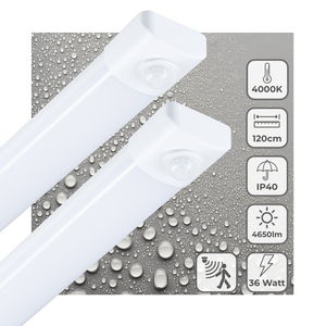 Réglette LED TL 4650 lumens - 36W - Blanc froid 4000K - 120cm - Capteur de mouvement PIR - 2 pièces