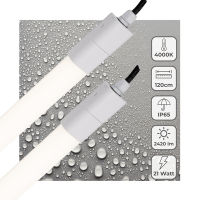 Luminaire LED pour tube fluorescent 2420 lumen - 21W - Blanc froid 4000K - 120cm - IP65 étanche - IK06 - 2 unités