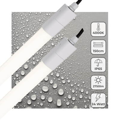 Luminaire LED étanche à l’humidité 2750 lumen - 24W - Blanc froid 4000K - 150cm - IP65 - IK06 - 2 unités